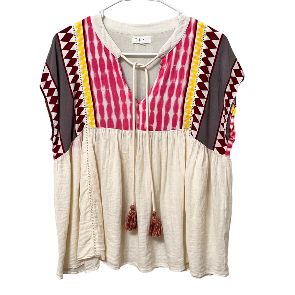 THML Cream Boho Peasant Blouse with Pink & Maroon Accents